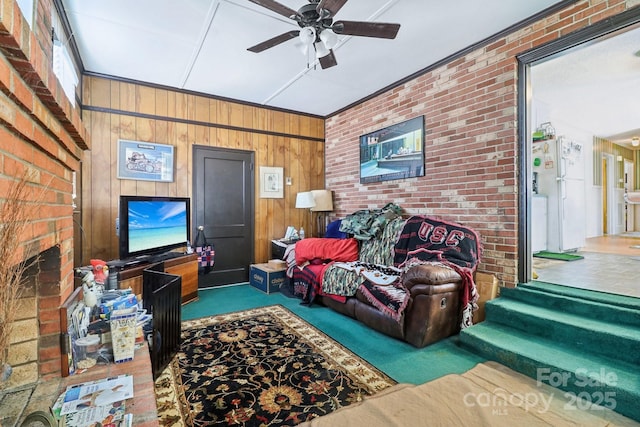1177 Craigbrow Cir, Chester, SC 29706 - carpeted living area featuring wooden walls and ceiling fan