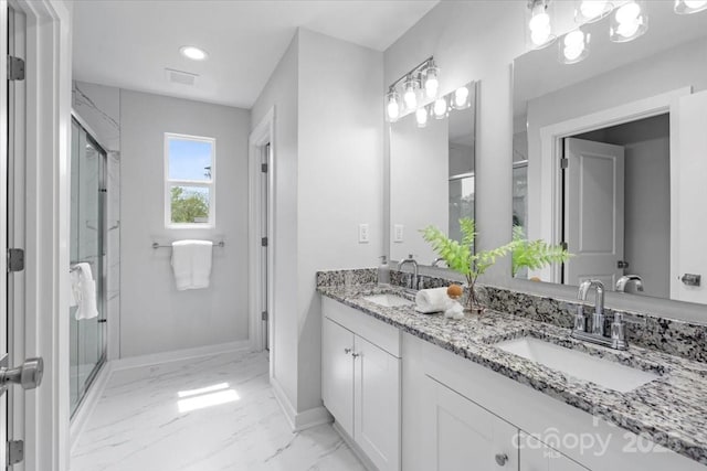 1914 White St Unit A & B, Gastonia, NC 28052 - bathroom featuring a stall shower, marble finish floor, baseboards, and a sink