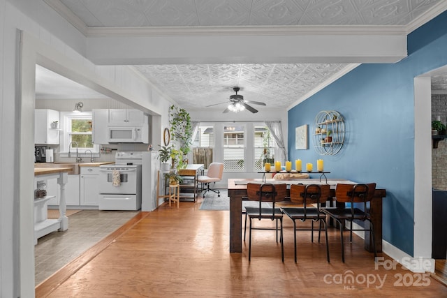 1001 Old Charlotte Rd, Concord, NC 28027 - dining room with an ornate ceiling, light wood-style flooring, a ceiling fan, crown molding, and baseboards