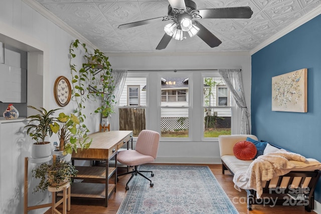 1001 Old Charlotte Rd, Concord, NC 28027 - office space with an ornate ceiling, healthy amount of natural light, a ceiling fan, crown molding, and wood finished floors