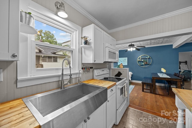 1001 Old Charlotte Rd, Concord, NC 28027 - kitchen featuring butcher block counters, white appliances, a sink, white cabinets, and open shelves
