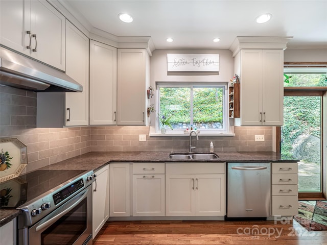kitchen with a sink, dark stone counters, stainless steel appliances, wood finished floors, and under cabinet range hood