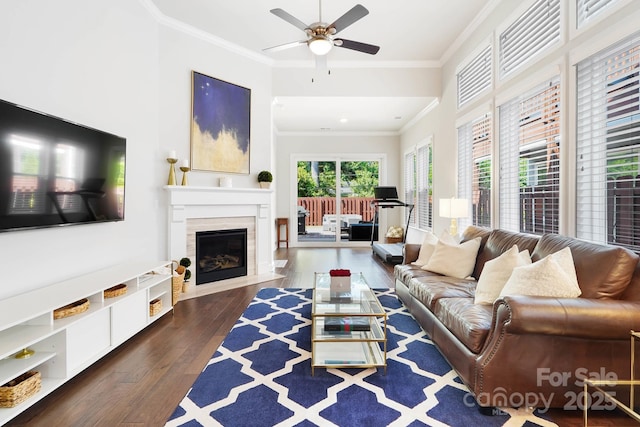 living room featuring ornamental molding, ceiling fan, dark wood finished floors, and a fireplace with flush hearth