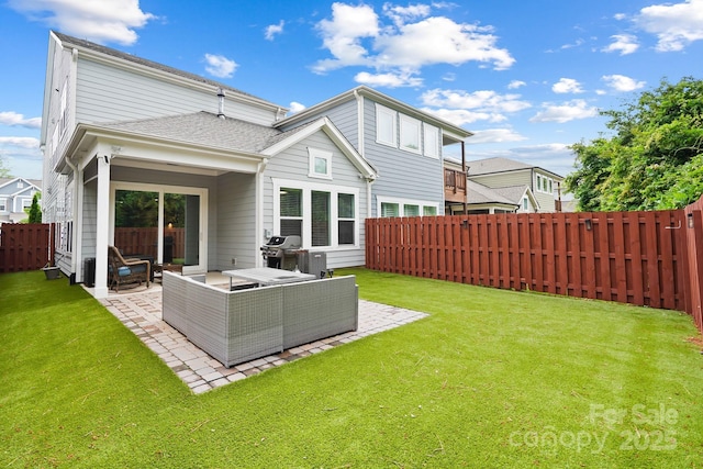 rear view of house with an outdoor hangout area, a patio area, and roof with shingles