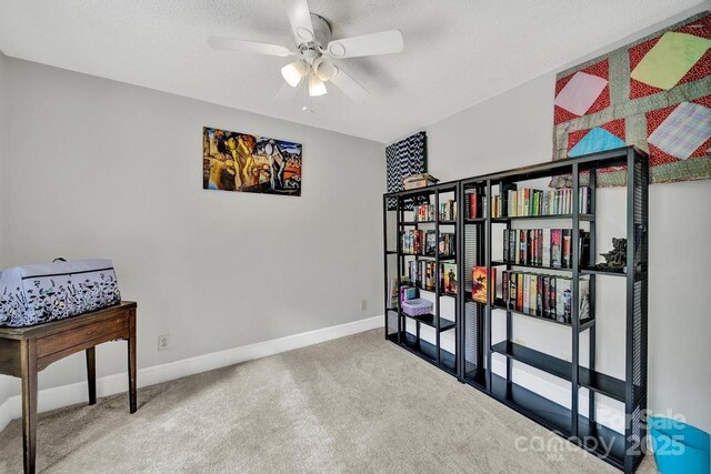 8524 Quarters Ln, Mint Hill, NC 28227 - sitting room with carpet floors, ceiling fan, baseboards, and a textured ceiling