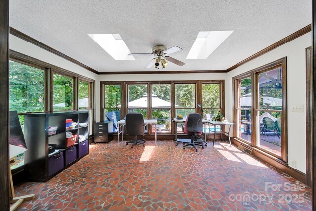8524 Quarters Ln, Mint Hill, NC 28227 - office space with a skylight, ornamental molding, stone flooring, a textured ceiling, and a ceiling fan