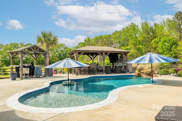 pool with a patio, a gazebo, and an outdoor hangout area