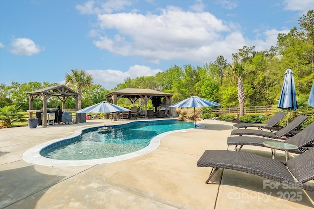 pool featuring a gazebo, a patio area, and fence