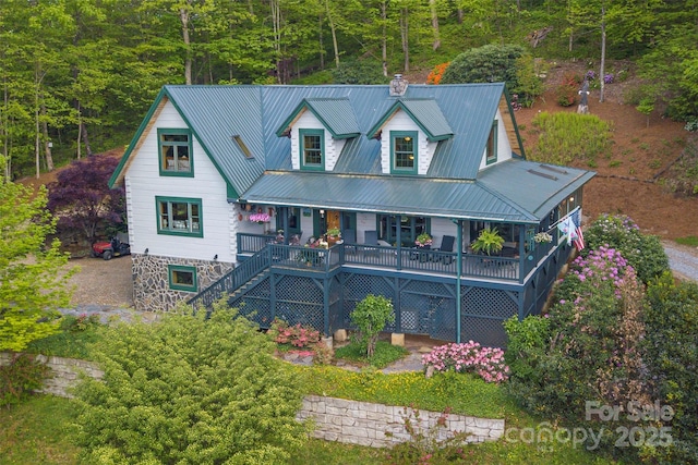 806 Twin Brook Dr Unit 6A, 6B, 7A, 7B, Waynesville, NC 28785 - view of front of home with covered porch, metal roof, a chimney, a view of trees, and stairs