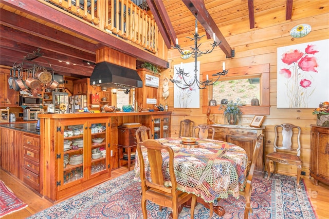 806 Twin Brook Dr Unit 6A, 6B, 7A, 7B, Waynesville, NC 28785 - dining room with wooden walls, wood ceiling, wood finished floors, and a chandelier
