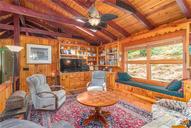 806 Twin Brook Dr Unit 6A, 6B, 7A, 7B, Waynesville, NC 28785 - living area with wood walls, wood finished floors, wood ceiling, built in shelves, and ceiling fan