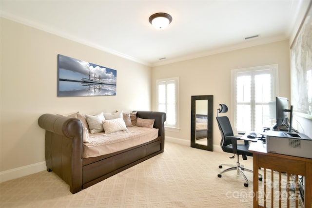5827 Rileys Ridge Rd, Charlotte, NC 28226 - office area with visible vents, ornamental molding, baseboards, and plenty of natural light