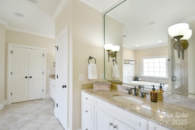 5827 Rileys Ridge Rd, Charlotte, NC 28226 - bathroom featuring crown molding, vanity, recessed lighting, a shower with door, and a bath