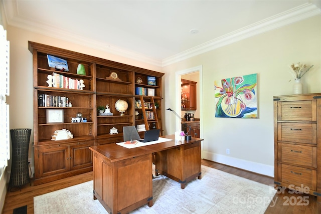 5827 Rileys Ridge Rd, Charlotte, NC 28226 - office area featuring light wood-type flooring, crown molding, and baseboards