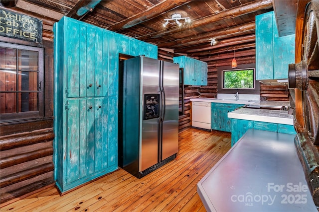 kitchen with stainless steel fridge with ice dispenser, dishwasher, wood ceiling, light wood-style flooring, and beam ceiling