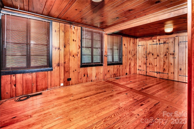 empty room with wood ceiling, wooden walls, and hardwood / wood-style floors