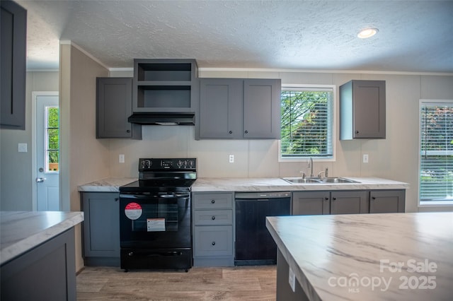 kitchen with electric range, a textured ceiling, crown molding, dishwasher, and a sink