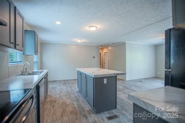 kitchen featuring light wood-style floors, freestanding refrigerator, a sink, and range