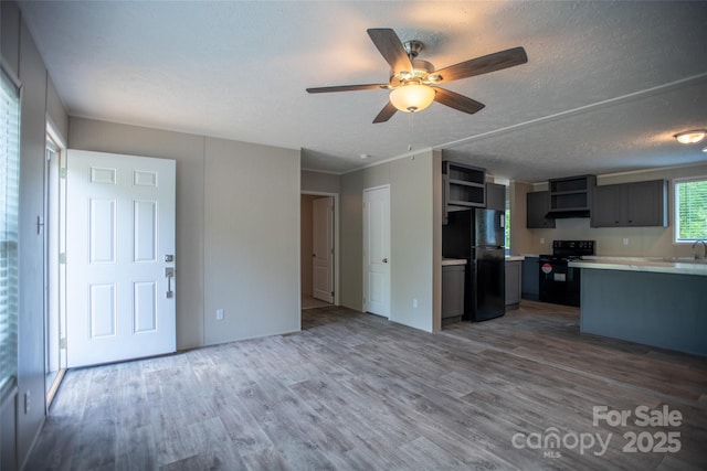 kitchen with a ceiling fan, wood finished floors, light countertops, a sink, and black appliances