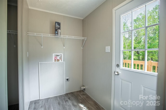 washroom featuring laundry area, crown molding, wood finished floors, hookup for a washing machine, and electric dryer hookup
