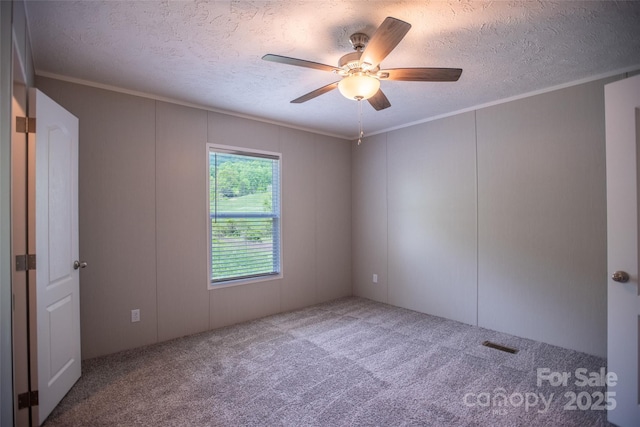 spare room with crown molding, a ceiling fan, carpet, and a decorative wall