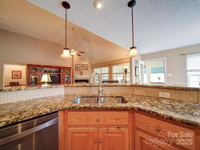 2547 Bill Thompson Rd, Lancaster, SC 29720 - kitchen with stainless steel dishwasher, a sink, ceiling fan, a textured ceiling, and stone counters