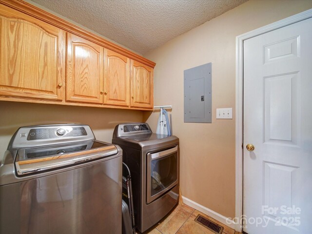 2547 Bill Thompson Rd, Lancaster, SC 29720 - washroom with electric panel, washer and clothes dryer, cabinet space, a textured ceiling, and light tile patterned flooring