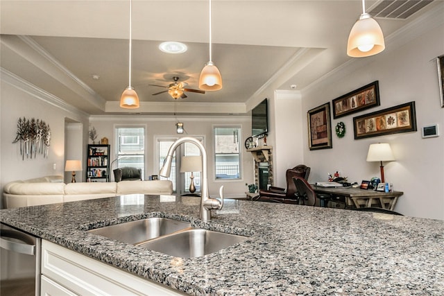 70 Cameo Dr, Flat Rock, NC 28731 - kitchen with open floor plan, a sink, crown molding, ceiling fan, and stone countertops