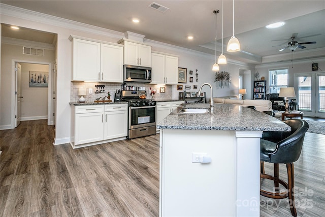 70 Cameo Dr, Flat Rock, NC 28731 - kitchen with a sink, appliances with stainless steel finishes, open floor plan, ornamental molding, and light wood finished floors