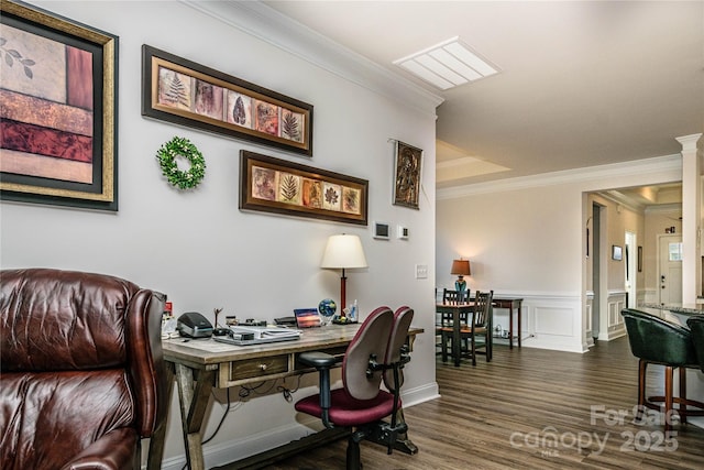 70 Cameo Dr, Flat Rock, NC 28731 - office area with crown molding, wood finished floors, and wainscoting