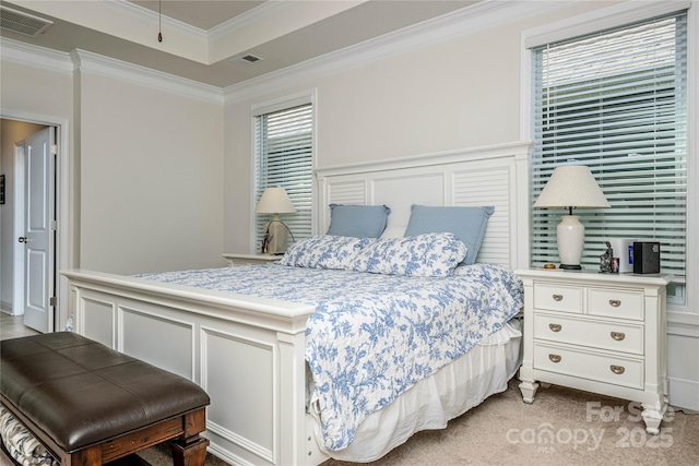 70 Cameo Dr, Flat Rock, NC 28731 - bedroom featuring ornamental molding, a decorative wall, a tray ceiling, a wainscoted wall, and light carpet