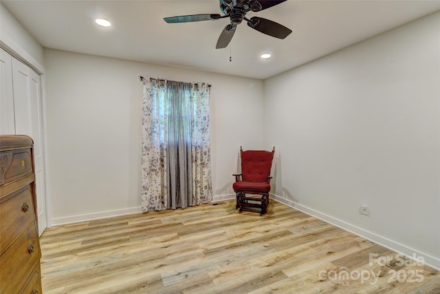 unfurnished room featuring recessed lighting, baseboards, ceiling fan, and wood finished floors