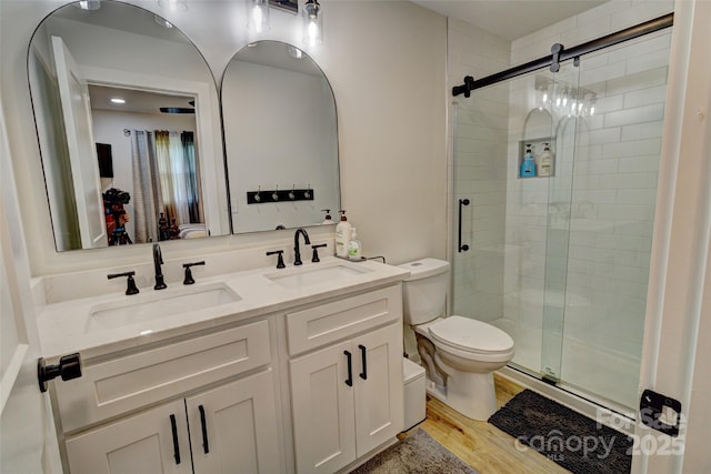 full bathroom featuring a shower stall, a sink, and wood finished floors