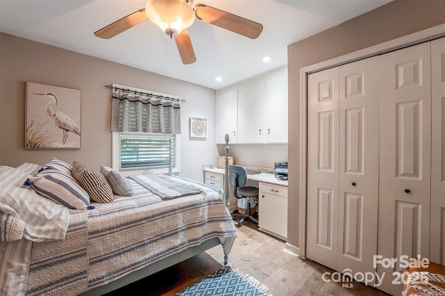 4805 Nesbit Rd, Monroe, NC 28112 - bedroom featuring a closet, ceiling fan, recessed lighting, and light wood-style floors