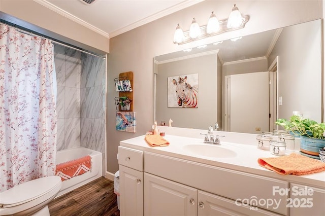 4805 Nesbit Rd, Monroe, NC 28112 - bathroom featuring vanity, ornamental molding, shower / tub combo with curtain, wood finished floors, and toilet
