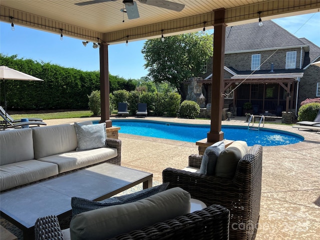 3000 J R Ct, Stanley, NC 28164 - pool with a ceiling fan, a patio area, and outdoor lounge area