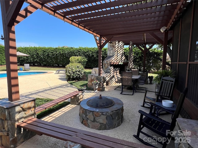 3000 J R Ct, Stanley, NC 28164 - view of patio / terrace featuring a pergola, a fenced in pool, a fire pit, and outdoor dining area