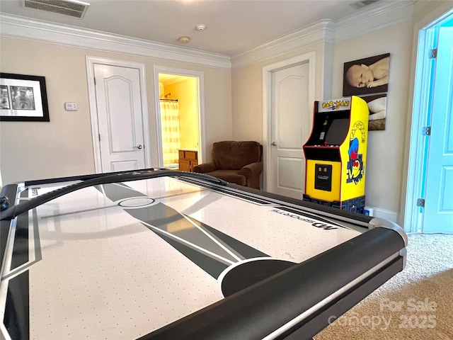 3000 J R Ct, Stanley, NC 28164 - rec room featuring visible vents, crown molding, and carpet floors