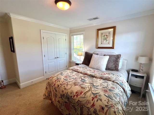 3000 J R Ct, Stanley, NC 28164 - bedroom featuring a closet, ornamental molding, visible vents, light carpet, and baseboards