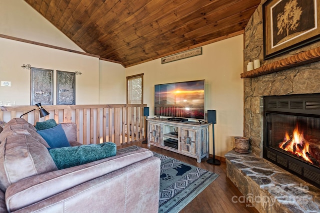 living area featuring wood finished floors, a fireplace, baseboards, wooden ceiling, and vaulted ceiling