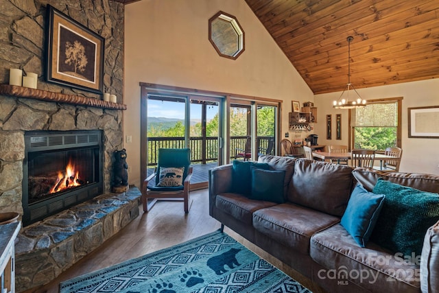 living room with an inviting chandelier, high vaulted ceiling, wooden ceiling, wood finished floors, and a healthy amount of sunlight