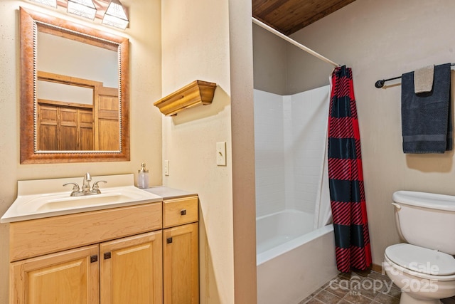 bathroom with vanity, shower / bathtub combination with curtain, tile patterned floors, and toilet