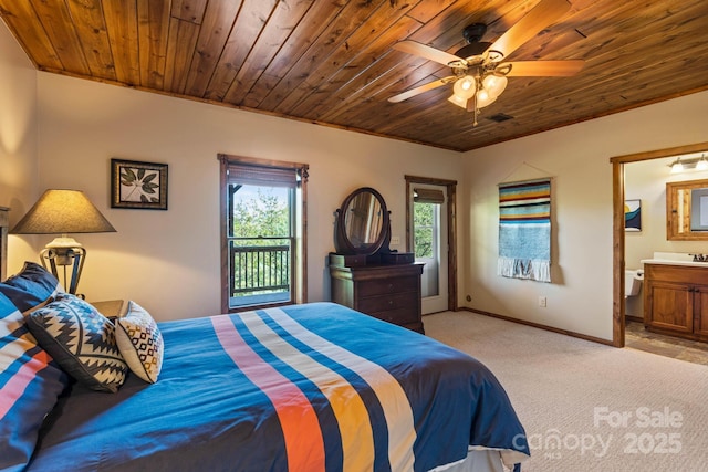 bedroom with baseboards, access to outside, light colored carpet, connected bathroom, and wood ceiling