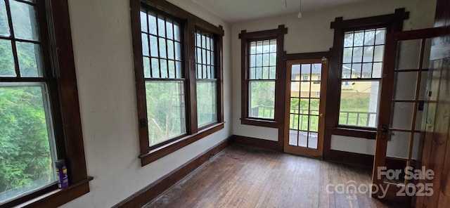 doorway with baseboards, wood finished floors, and a wealth of natural light