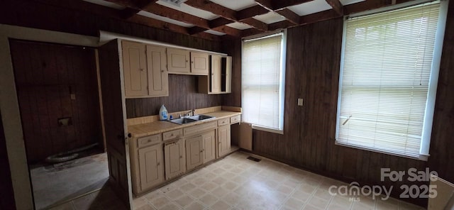 kitchen with visible vents, wood walls, a sink, and light countertops