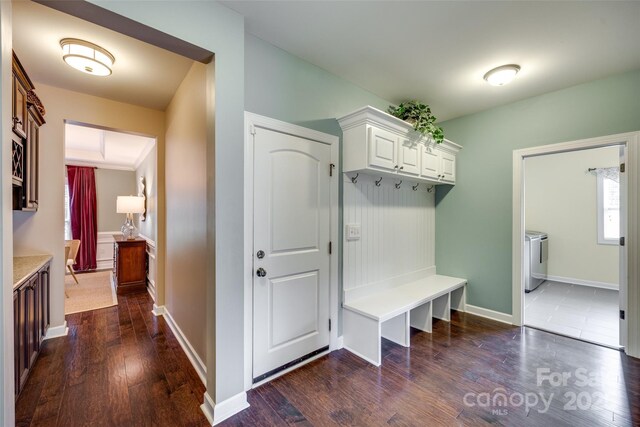 308 Hollister Estates Dr, Waxhaw, NC 28173 - mudroom featuring washer and dryer, dark wood-type flooring, and baseboards