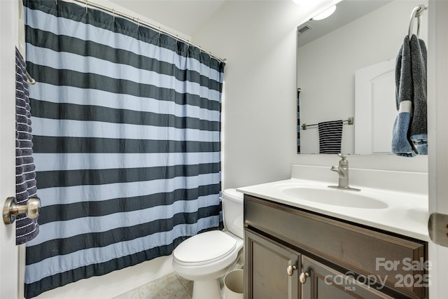 308 Hollister Estates Dr, Waxhaw, NC 28173 - bathroom featuring toilet, vanity, tile patterned floors, and a shower with shower curtain