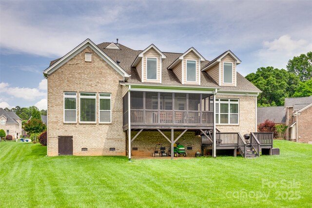 308 Hollister Estates Dr, Waxhaw, NC 28173 - rear view of property featuring crawl space, a sunroom, a deck, and a yard