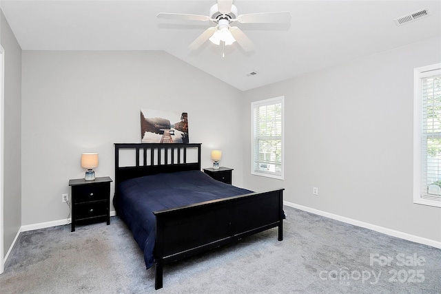 5943 Pisgah Way, Charlotte, NC 28217 - carpeted bedroom with baseboards, visible vents, multiple windows, and vaulted ceiling