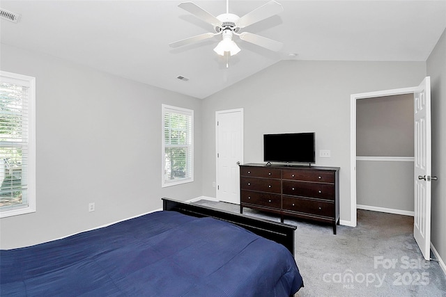 5943 Pisgah Way, Charlotte, NC 28217 - carpeted bedroom with a ceiling fan, baseboards, visible vents, and lofted ceiling